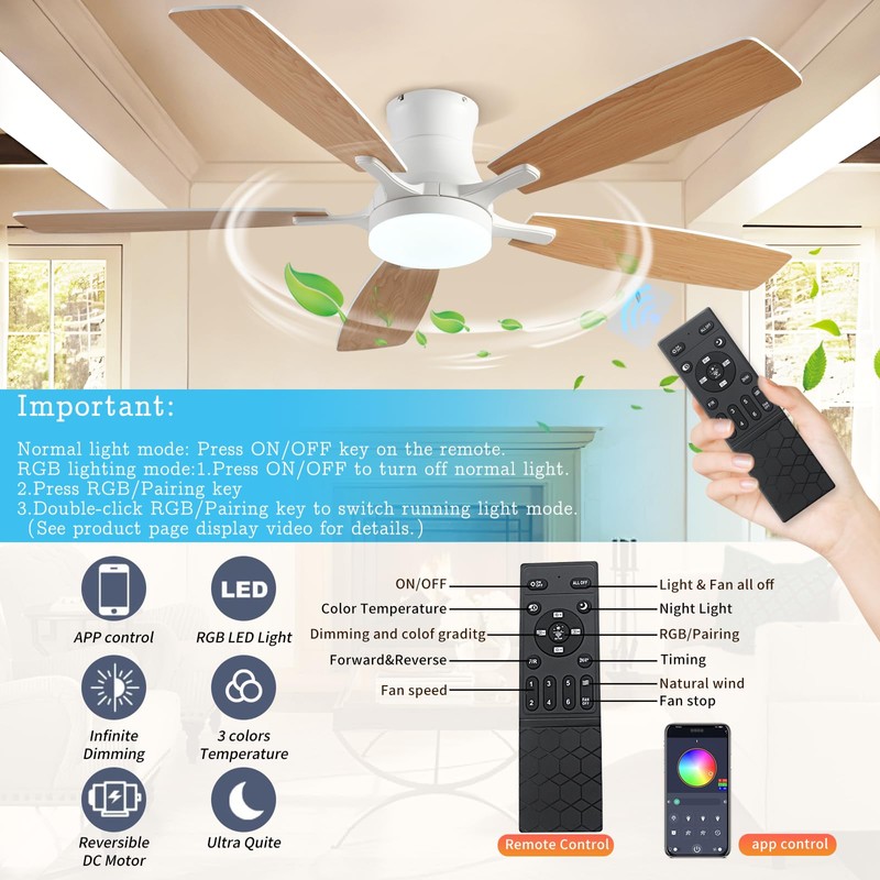 FUMLTP Ceiling fans with Lights, 54Inch RGB Low Profile Ceiling