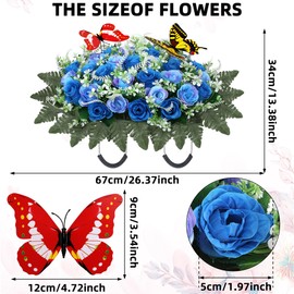 Lodou Artificial Cemetery Flowers for Grave,Large Headstone Flower Saddle Realistic Grave Flowers Memorial Silk Rose Flowers with Butterflies for Headstone Grave Decoration Non-Fading Easy Fit (Blue)