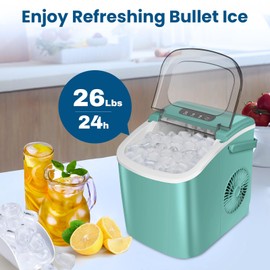Pioch Ice Makers Countertop, Portable Ice Maker Machine with Carry Handle, 26Lbs/24H, Ice Machine Self-Cleaning with Basket and Scoop for Home Kitchen Party,Green