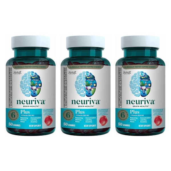 NEURIVA Nootropic Brain Support Supplement - Plus Strawberry Gummies Phosphatidylserine, B6, B12, Supports Focus Memory Concentration Learning Accuracy and Reasoning 50ct (Pack of 3)