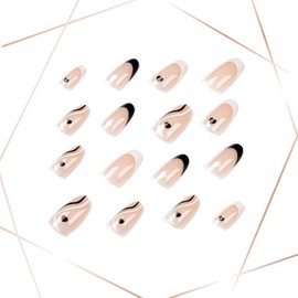 Valentine's Day French Tip Press on Nails Medium with Heart Design Black White Coffin Fake Nails Artificial Nails for Women Full Cover False Nails Stick on Nails with Glue on Static Nails 24Pcs