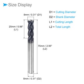 CoCud Square Nose End Mill, 8mm x 25mm Cutting 8mm Shank, AlTiN Coated P05 Carbide 4 Flutes CNC Router Bits - (Applications: for Milling Stainless Steel Hardened Steel)