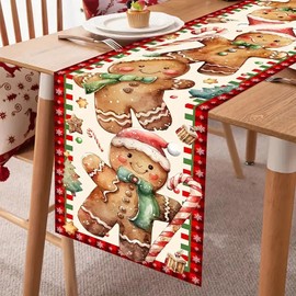 Christmas Gingerbread Man Cane Candy Table Runner Striped Grid Star Christmas Hat Camino De Mesa ChristmasTable Runners for Table,Dining ,Party ,Holiday Decoration 13x72inch