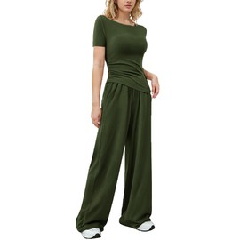 LICOBOD Asymmetrical 2 piece lounge set women short sleeve travel Outfits Comfy Loungewear Wide Leg Pants Casual Tracksuit