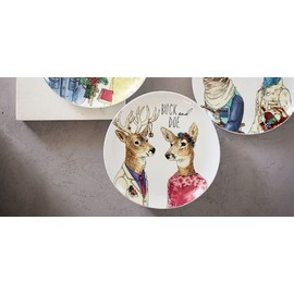 Dapper Animal - Couple Buck and Doe - Salad Plate - 1 Each - West Elm, multi colored, 8.5 inch diam. x 1 inch h.