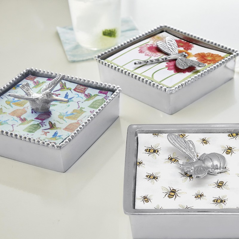 Mariposa Hummingbird Beaded Napkin Box, One Size, Silver