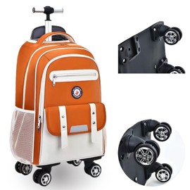 Egchescebo Kids Rolling Backpack for Girls Suitcases Trolley Roller Luggage Backpacks with 360° Rotating Wheels 15" Laptop for Elementary 18” Travel School Bag Mochila Ruedas Para Niños Orange
