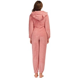 chouyatou Women's Ultra Comfy Lounge Furry Sherpa Romper Onesie Pajamas Cute Ear Hood (Medium, Pink)