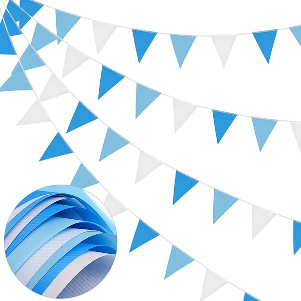 DOJoykey 66ft Bunting Banner, Blue White Bunting Flags Polyester Fabric Bunting Garland 52pcs Waterproof Flags Reusable Bunting for Home Outdoor Birthday Wedding Party Decoration