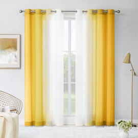 Melodieux Orange Yellow Ombre Sheer Curtains 84 Inches Long for Living Room, Soft Chiffon White Orange Gradient Grommet Voile Drapes, 52 by 84 Inch, 2 Panels