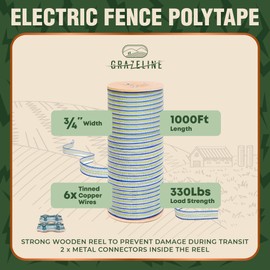 Electric Fence Wire Tape for Livestock 3/4" 1000 Feet (300m) - 6 x Tinned Copper Strands for Superior Shock - Portable Horse Fencing Polytape - UV Rust Corrosion Resistant