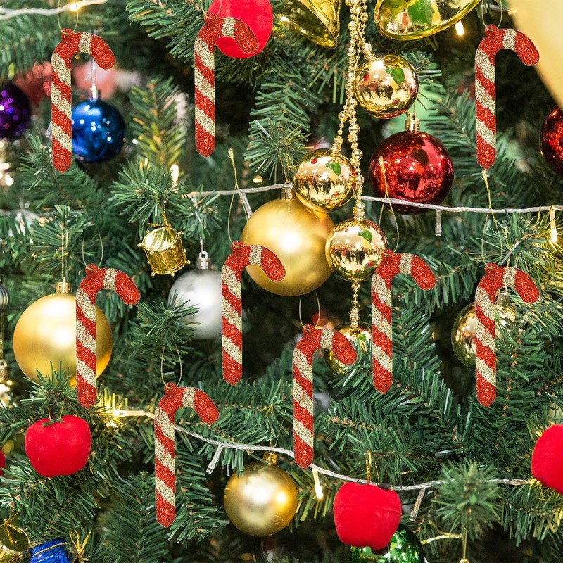 10PCS Christmas Glitter Candy Cane, Xmas Tree Plastic Candy Canes