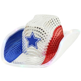 GiftExpress Light Up Patriotic Cowboy Hat - Red, White & Blue Sequin Cowgirl Hat w/Flashing LED - USA Western Rodeo Theme Party Costume for Women and Man Adult Size