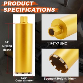 DaduoRi 6 1/4" Wet Core Drill Bit, 1-1/4"-7 Thread, High-Performance 6.25 Inch Diamond Core Bits for Concrete, 14" Drilling Depth for Reinforced Concrete, Masonry, Brick Block,Cement, Stucco(159mm)