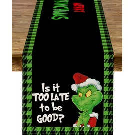 Merry Christmas Table Runner Christmas Xmas Buffalo Plaid Check Winter Holiday Party Decoration Fireplace Kitchen Dining Home Decor (Black and Green, 13" x 72")