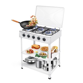 HAPPCUCOE 5 Burner Gas Stove,Portable Natural Gas Camping Grill Stove With 5 Control Knobs,Manual Ignition, Floor Standing Camping Stove With Support Leg Stand,For RV Outdoor Cooking (White)