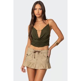 Beaded Deep Cowl Neck Backless Top - Color: GREEN, Size: S