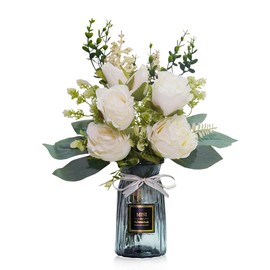 Dxrinfan Fake Flowers in Vase, Silk Rose Artificial Flower Dining Table Centerpiece, Faux Floral Arrangement Home Office Decoration, White