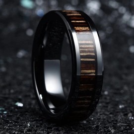 King Will NATURE 7mm Mens Black Ceramic Wedding Ring Inlay with Zebra Wood Beveled Edge 7.5
