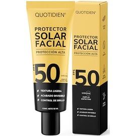 Quotidien Protector Solar Facial FPS 50 con Textura Ultra Ligera, Bloqueador Solar Dermatológicamente Probado, Acabado Invisible, Control de Brillo, Protección de Amplio Espectro 50 ml