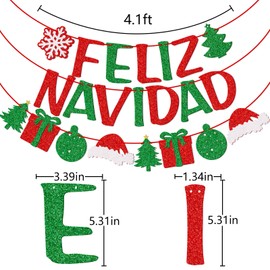 Qttier Feliz Navidad Banner with Christmas Sign Garland, Pre-strung Spanish Merry Christmas Banner, Christmas Party Decorations for Home Office Fireplace Mantel, Red and Green Glitter