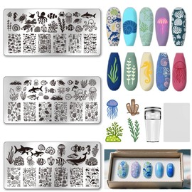 UNICRAFTALE 3Pcs Summer Nails Stamp Plates Set Ocean Series Nails Stamping Plate Turtles Shark Medusa Image Nail Stencils Conch Nail Art Stamping Template with Stamp and Spacer for Nailing Design