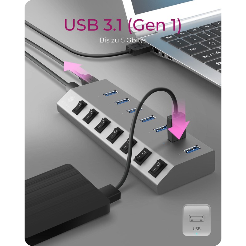 ICY BOX 7 Port USB 3.0 Type-A Hub Ladegerät Aluminium