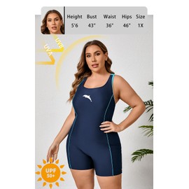 Halcurt Women's Plus Size Athletic One Piece Swimsuit 5" Inseam Boyleg Modest Full Coverage Sport Bathing Suit Navy Light Blue 2X