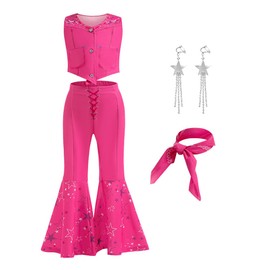 Btonai Cowgirl Costume for Girls 70s80s Cosplay Pink Disco Outfits Kids Western Party Dress up 3-12Y