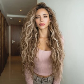 Smilco Japanese Silk Instant Curly Hair Wig New Explosions U-Shaped Lace Camel Gold Highlights Wave Curly Hair Chemical Fiber Headgearcolor: Golden highlights, Stretched Length: 32"