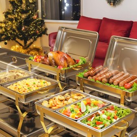 Trivico Chafing Dishes for Buffet 4 Pack(Full 1/2 1/3 Size Pan), 9QT Chafing Dish Buffet Set Stainless Steel Buffet Food Warmers Sets for Catering Events Parties Dinners,Gold and Silver