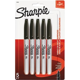 Sharpie 30665PP Permanent Markers, Fine Tip, Black Color, Alcohol Based, Remarkably Resilient Ink Dries Quickly and Resists Fading and Water, 5 Pack of 5 Markers, Total of 25 Markers