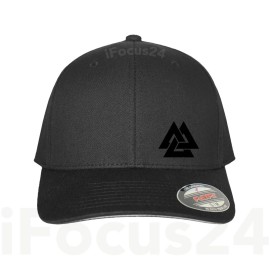 Flexfit VALKNUT ODIN NORSE GOD VIKING SYMBOL Fitted Flex Fit Black Hat Round Bill Cap   - Black on Black, L/XL