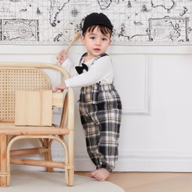 Hnyenmcko Newborn Baby Boy Fall Outfits Letter Print Long Sleeve Romper Suspender Pants Hat Sets Infant Boy Winter Clothes (A-White, 0-3 Months)