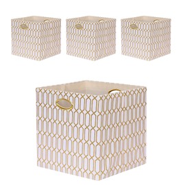 13×13×13 Storage Cube Bins, 13 Inch Foldable Fabric Storage Cubes with Metal Handles, Collapsible Organizer Basket Box for Closet Shelf Cabinet Bookshelf, 4 Pack, White and Gold Geometric Pattern