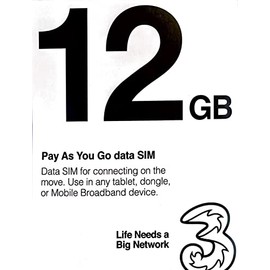 Three UK Europe Pay As You Go Mobile Broadband 12GB Data SIM Card - Free Roaming in 71 Destinations Including Europe, Americas and Australia