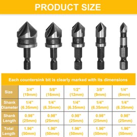 COLYUPO Countersink Drill Bit Set 5 Flute 90 Degree Woodworking Chamfering Cutter 1/4 3/8 1/2 5/8 3/4 Inch Chamfer Tapered Bits for Metal Wood Plywood Plastic