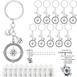 Ferreve 10 Set Christmas Gifts for Teachers Bulk Compass Keychain Teacher Appreciation Keychain with Thank You Cards Organza Bags