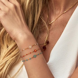 YeGieonr Daisy Flower Bead Bracelets for Women, 18K Gold Stainless Steel Colorful Y2k Adjustable Bracelet for Girls Summer Accessories