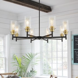 foucasal Black Chandeliers for Dining Room, Farmhouse Chandeliers 8 Light Dining Room Light Fixture with Clear Glass Shades Gold Pendant Lighting for Kitchen Island Living Room Entryway Staircase