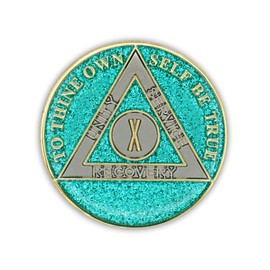 10 Year Sobriety Coin | Glitter Triplate AA Chip Recovery Anniversary Token (Aqua)
