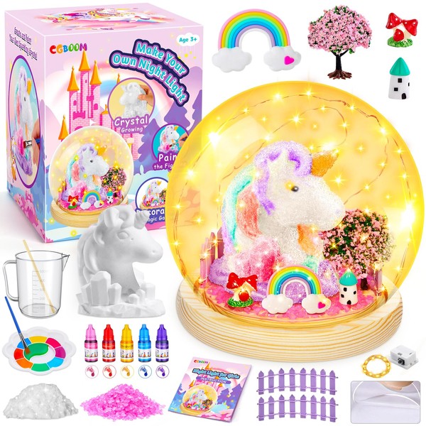 CGBOOM Unicorn Gifts for Girls Age 3-12, 3 in 1 Craft Kits for Kids, Crystal Making Kit, DIY Your Own Night Light Colouring Science Kits for Kids Girls Toys Birthday Presents