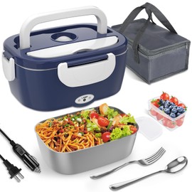 Monteka Electric Lunch Box Food Heater - Leakproof Portable Food Warmer heated lunch box for adults for Car/Home/Truck with 1.5L Removable Stainless Steel Container, 60W, 12V/24V/110V, DarkBlue