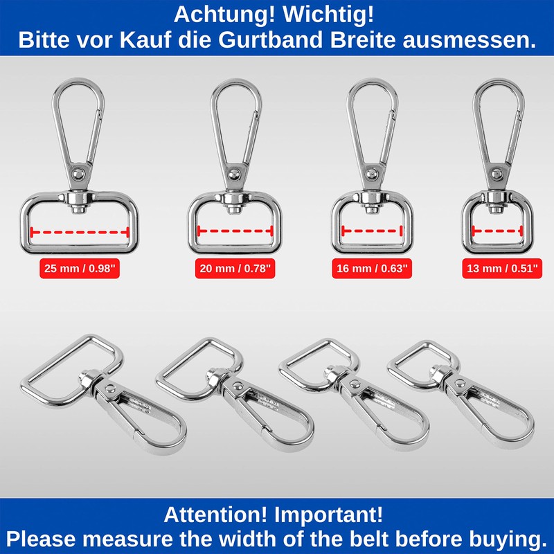 Snap Hook with Screw Clasp, 6 Pieces, 13 mm D-Ring