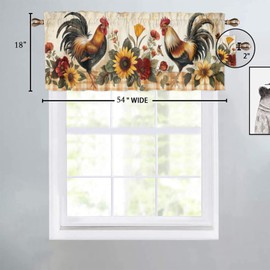 TEOTKOEXLA Rooster, Kitchen Window Valance Curtain American Western Farm Watercolor Sunflower Buffalo Grid and Chicken Valance for Office Bedroom Window 54x18inch(1Pcs)