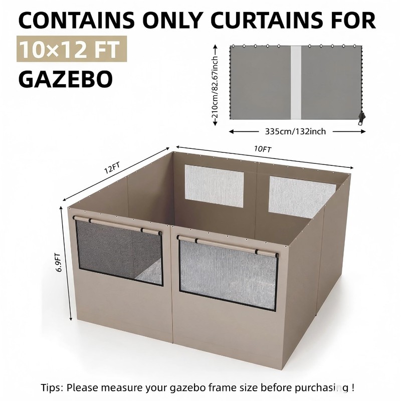 Birodeko 10x12 Gazebo Sidewall Curtains, 4-Panel Waterproof Mesh Window