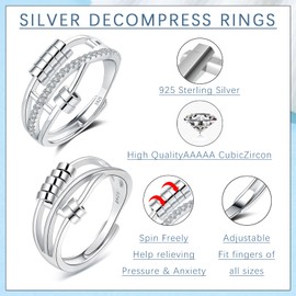Hasnsofie Silver 925 Anxiety Rings, 2 Pieces 925 Sterling Silver Anti-Stress Ring Set, Open Adjustable Anxiety Ring, Unisex Spinner Fidget Partner Rings, Decompression Ring with Beads for Anxiety
