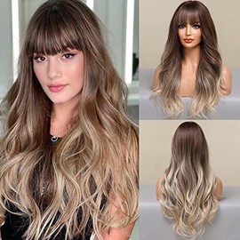 Pelucas largas y rizadas con flequillo Ombre Pelucas marrones a rubias para mujeres Pelucas sintéticas resistentes al calor Peluca natural para la vida diaria Fiesta Citas Tomando fotos…
