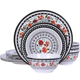 Gofunfun 12-Piece Melamine Dinnerware Sets, Unbreakable Dinner Dishes Set for Indoor and Outdoor Use, Dishwasher Safe, Lightweight Dinner Service for 4, Black and White
