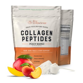 Live Conscious Collagen Peptides Powder - Peach Mango Flavored Collagen Powder - Hair, Skin, Nail, & Joint Support - Type I & III Grass-Fed Collagen Supplements for Women and Men - 30 Serving - 12.4oz